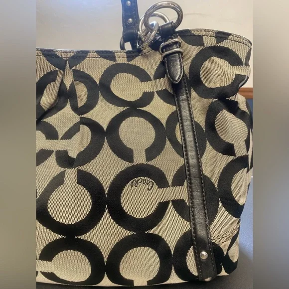 Coach Signature Canvas Tote Black Khaki with Leather Trim Style 16233 - Picture 2 of 9